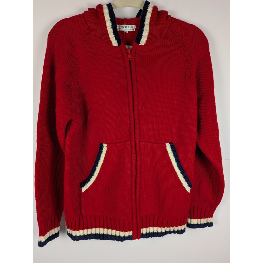 VINTAGE Sunford Club Size M Small Knit Full Zip Jacket with Hood Red/Blue/White